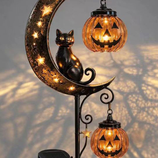 Pumpkin Lantern Halloween - Садовый светильник-декор «Чёрный кот и тыква-луна»